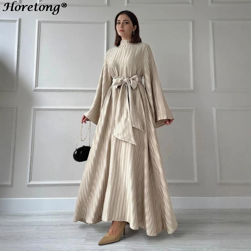 Shiny Satin Vertical Stripe Mock Neck Muslim Abaya Horetong 2026 Bow Tie Belted Flare Sleeve Modest Ramadan Eid Maxi Dress