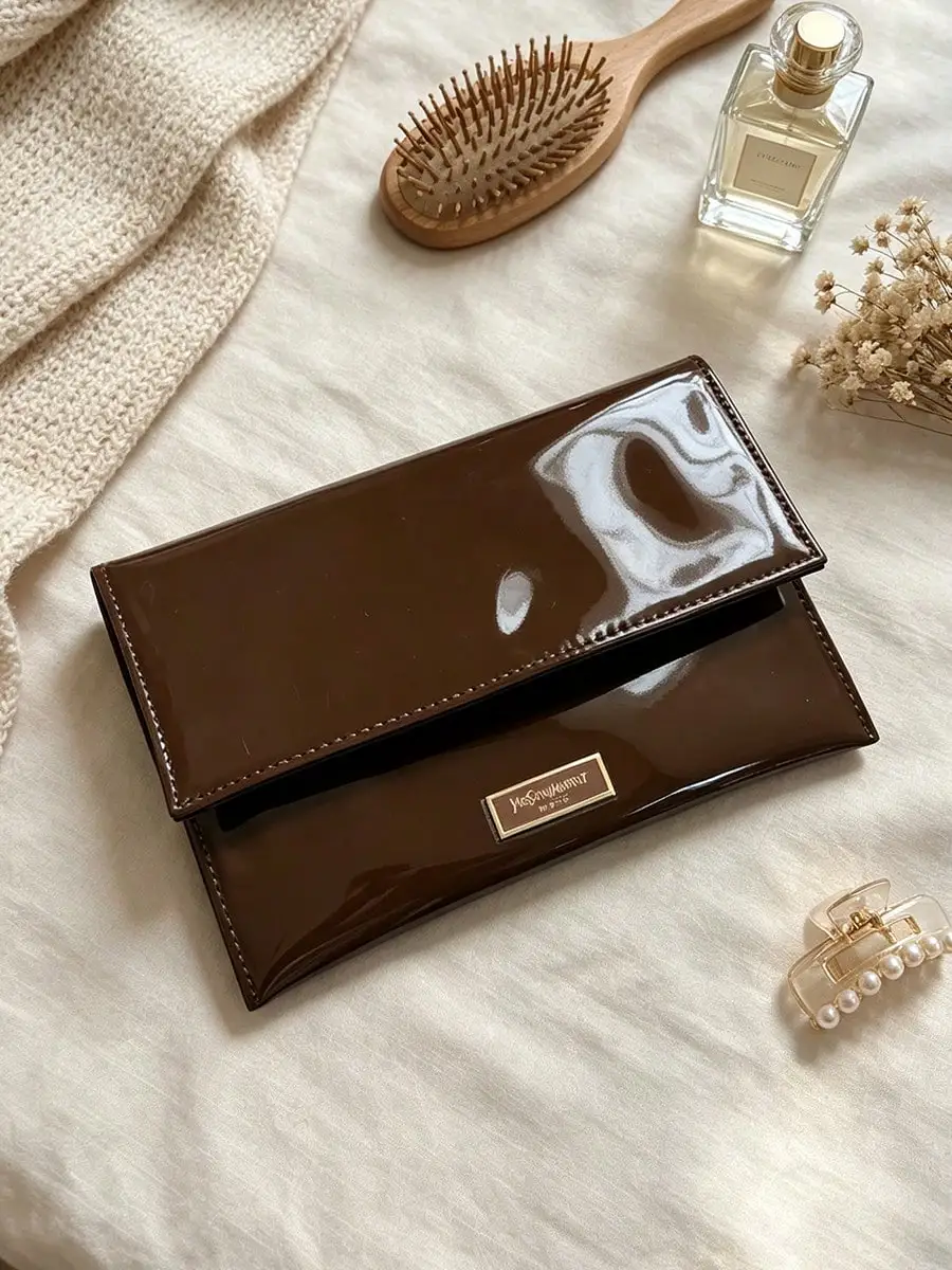 YSL Dark Brown Glossy Patent Folding Makeup Bag,Stain‑Resistant Large Organizer for Travel Home Commute,Holiday Gift for Ladies