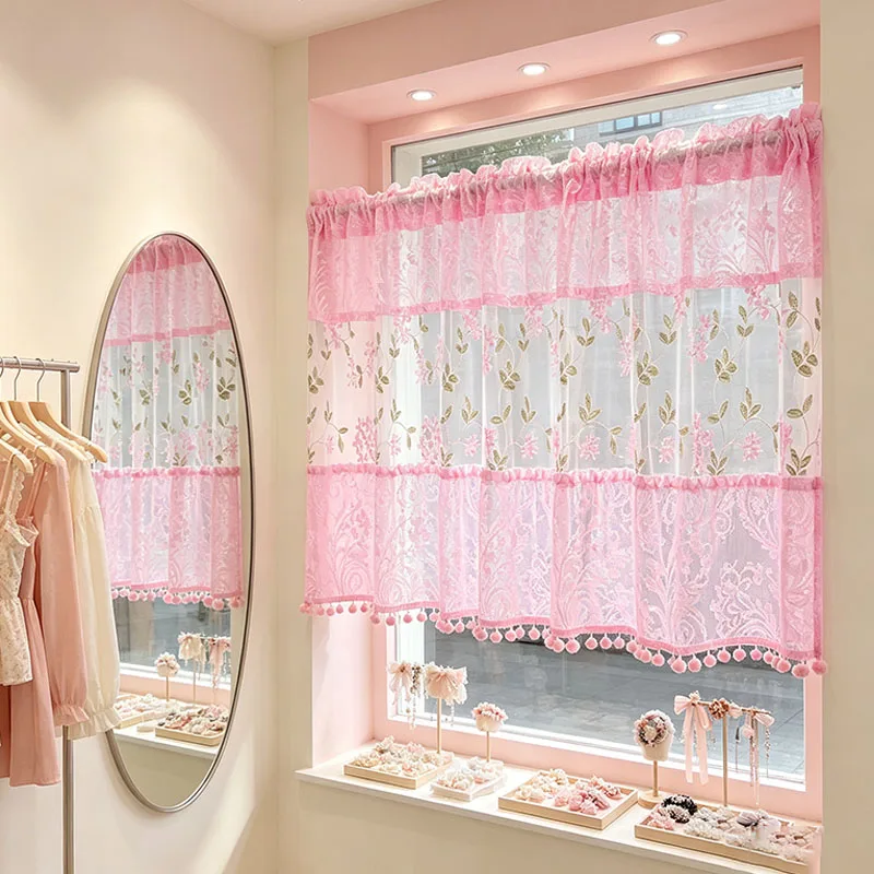 1pc Girlish Spliced Pink Phoenix‑Tail Lace Valance, Dark Pink Hydrangea Embroidered Semi‑Sheer Curtain with Pom‑pom Fringe