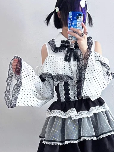 

Original Japanese Heart Gem Ribbon Polka Dot Long Sleeve Off-Shoulder Mine Series Shirt Mass-Produced Sweet Cute Shirt Women