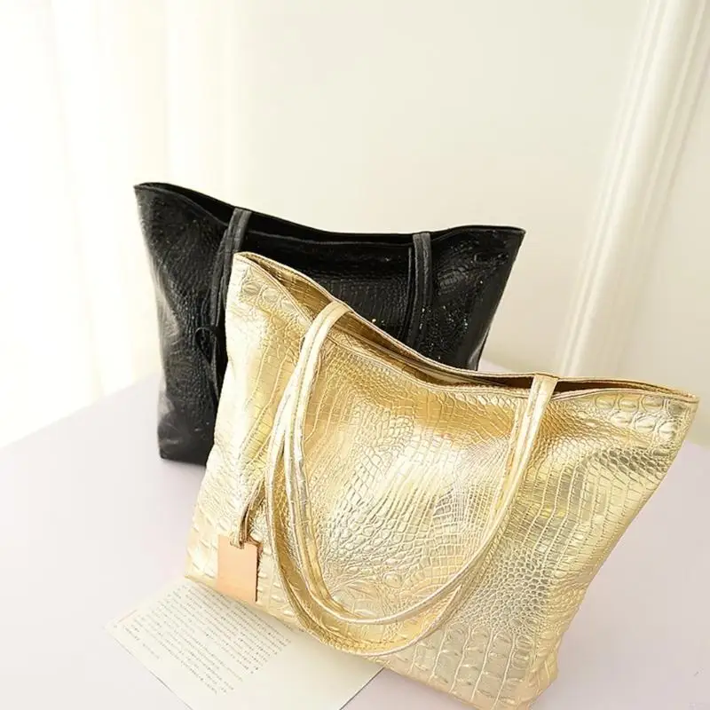 

Fashion Women Sparkly Metallic PU Leather Big Shoulder Bag Casual Vintage Pattern Large Capacity Handbag Purse 547A