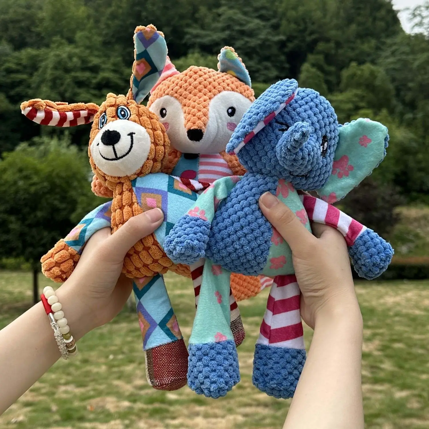 Cartoon Colorful Patchwork Plush Dog Toy Squeaky Pet Toy Bear Elephant Shape Interactive Molar Chew Toy For Small Medium Dogs