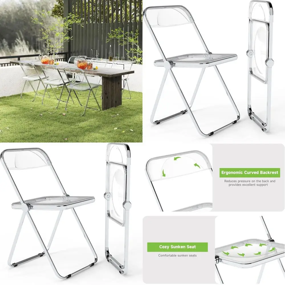 

Clear Acrylic Stackable Folding Chairs with Chrome Metal Frame, Suitable for Indoor and Outdoor Use, Ideal for Home, Office, Par
