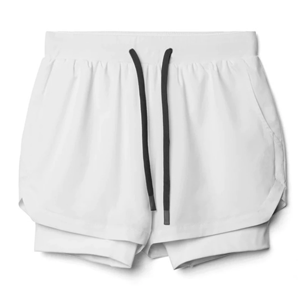 Calções de ginástica de camada dupla masculino com bolsos, branco, respirável, secagem rápida, casual, corrida, corrida, rua, bolsos