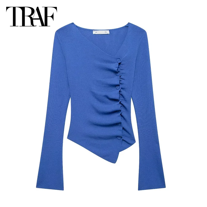 TRAF Asymmetrical Pleated Sweater Top 2024 Autumn Women's Long Sleeve Knitted Top Ladies Fashion Elegant Blue Brown Knitwear