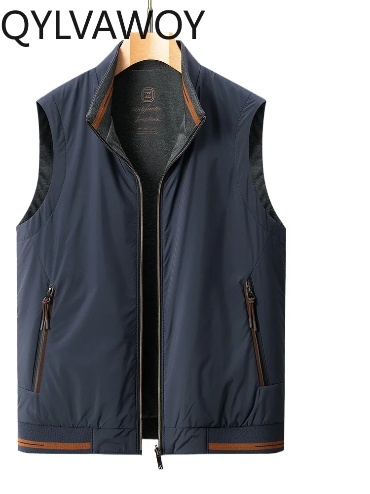 QYLVAWOY 100% Polyester High-End New Men's Stand-Up Collar Top Autumn Solid Color Dad's Vest Dad's Outfit Reversible Wear LJ2205