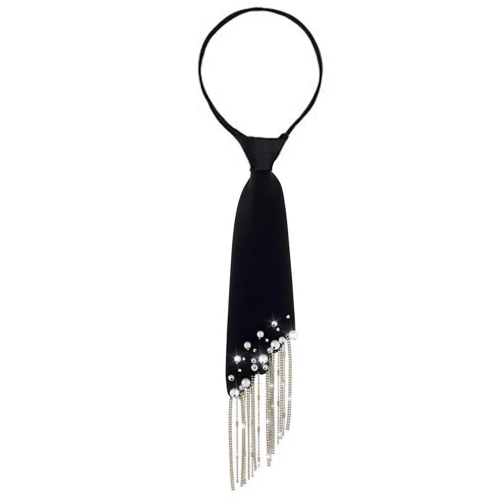 

Temperament Korean Style Pearls Tie Black Tassels Hand-beaded Long Necktie Choker Geometric Decoration Shirt Tie Students