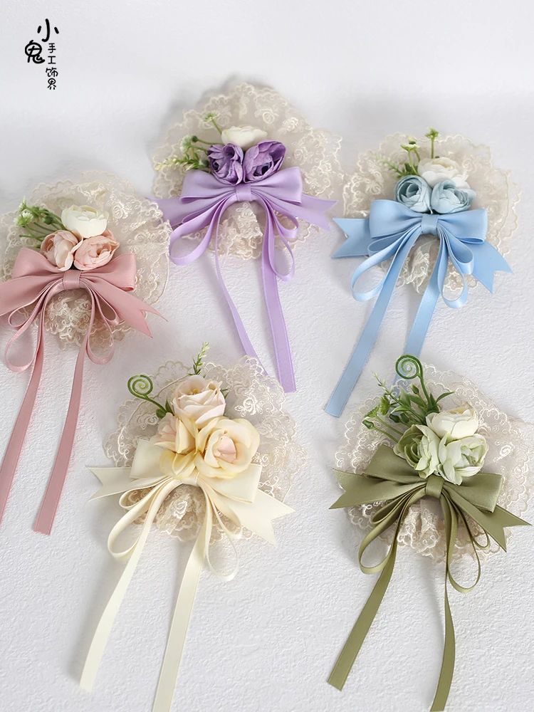 Ribbon Bow Hairband with Hairpins Girls Lolita Lace Ruffled Headband Sweet Embroidery Anime Maid Cosplay Headdress