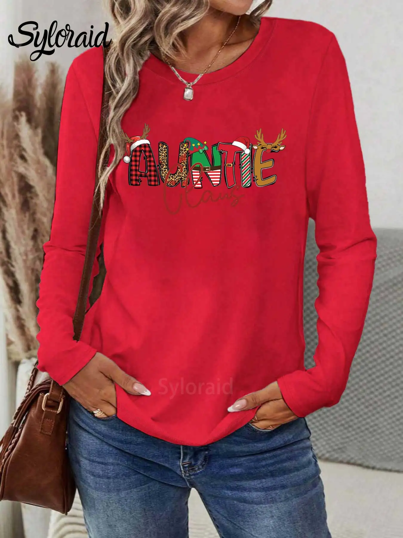 여성용 긴 소매 티셔츠 'Auntie Claus' 크리스마스 프린트 티셔츠 패션 라운드 넥 캐주얼 탑