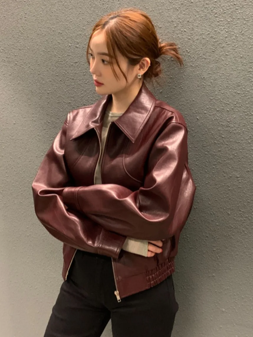 Chic autunno inverno colletto retrò lungo Sve PU pelle Jaet ort cappotto casual versatile donna Faion taglia piccola amichevole