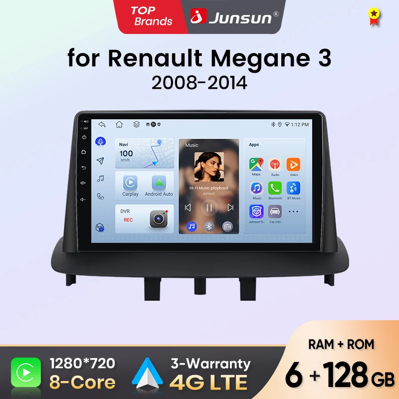 Radio para Auto Junsun para Renault Megane 3 Fluence Samsung SM3 2008-2014, CarPlay, Android Auto, FM, RDS, DSP, BT, GPS, Navegador, SWC, Pantalla Táctil HD IPS, Reproductor Multimedia Plug & Play, Llamadas Manos Libres, Unidad Principal con Estilo Original del Auto 1