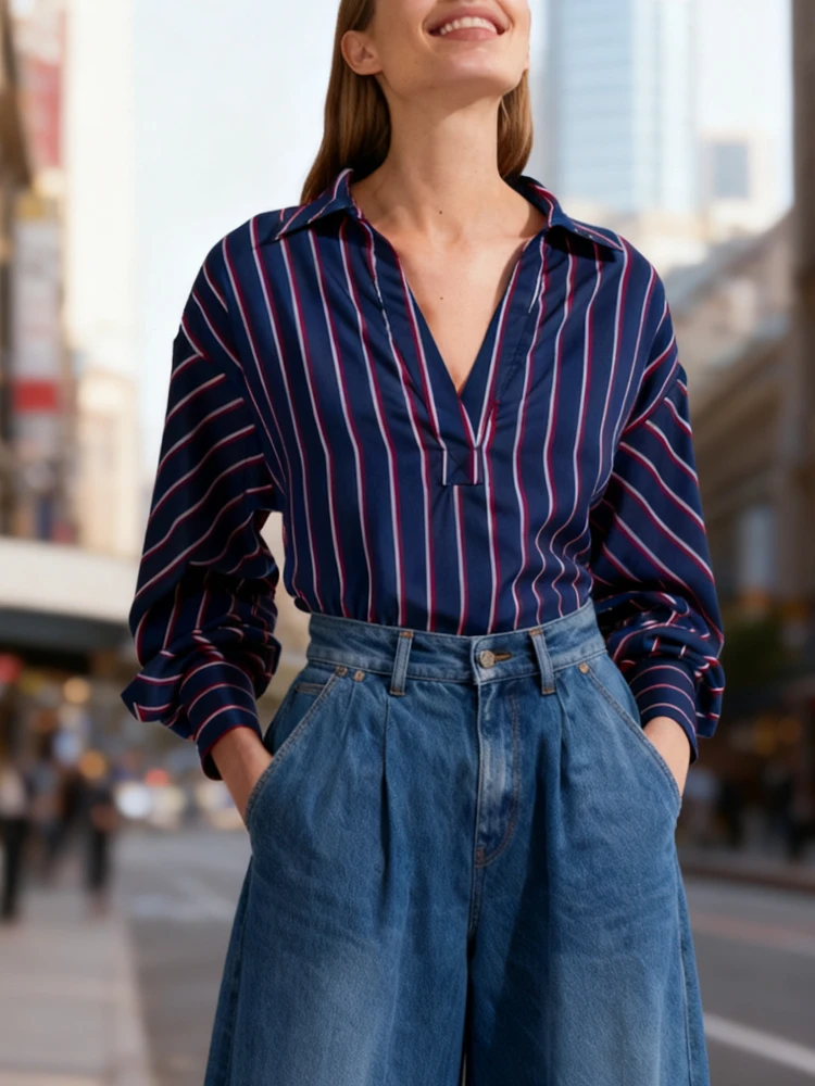 

Gymystars Новая женская полосатая блузка с v-образным вырезом и плиссированными рукавами, трендовые рубашки со свободными лацканами, элегантные модные топы в уличном стиле, офисная одежда