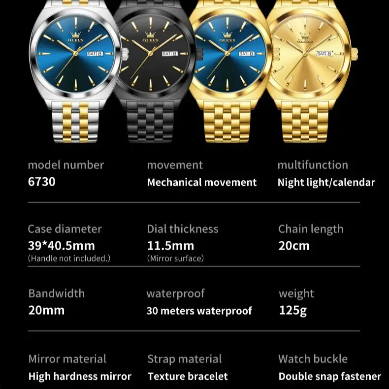 OLEVS 6730 Luksusowy męski oryginalny zegarek Złoty w pełni automatyczny zegarek mechaniczny Modny prosty podwójny kalendarz Wodoodporny męski zegarek