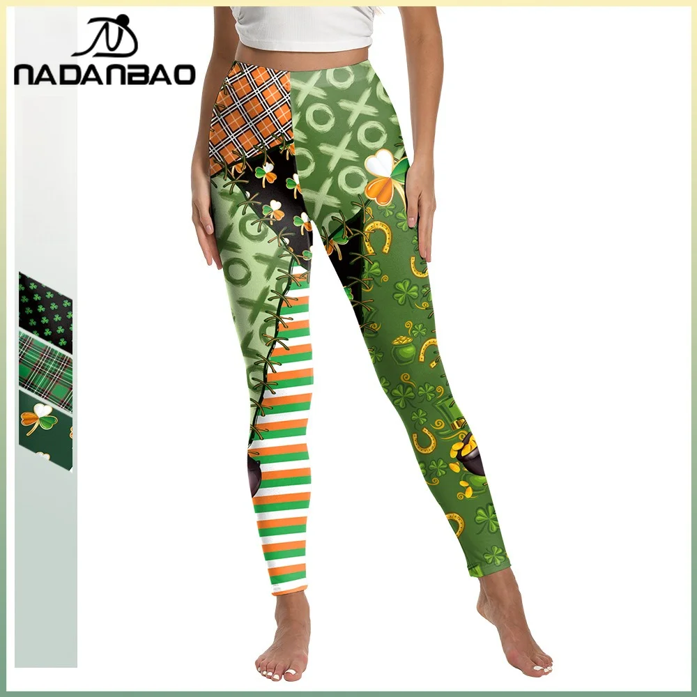 

Nadanbao St. Patrick's Day Shamrocks Stripe Printed Women Irish Green Festival Grid Pants Mid Waist Tights Yoga Sports Trousers