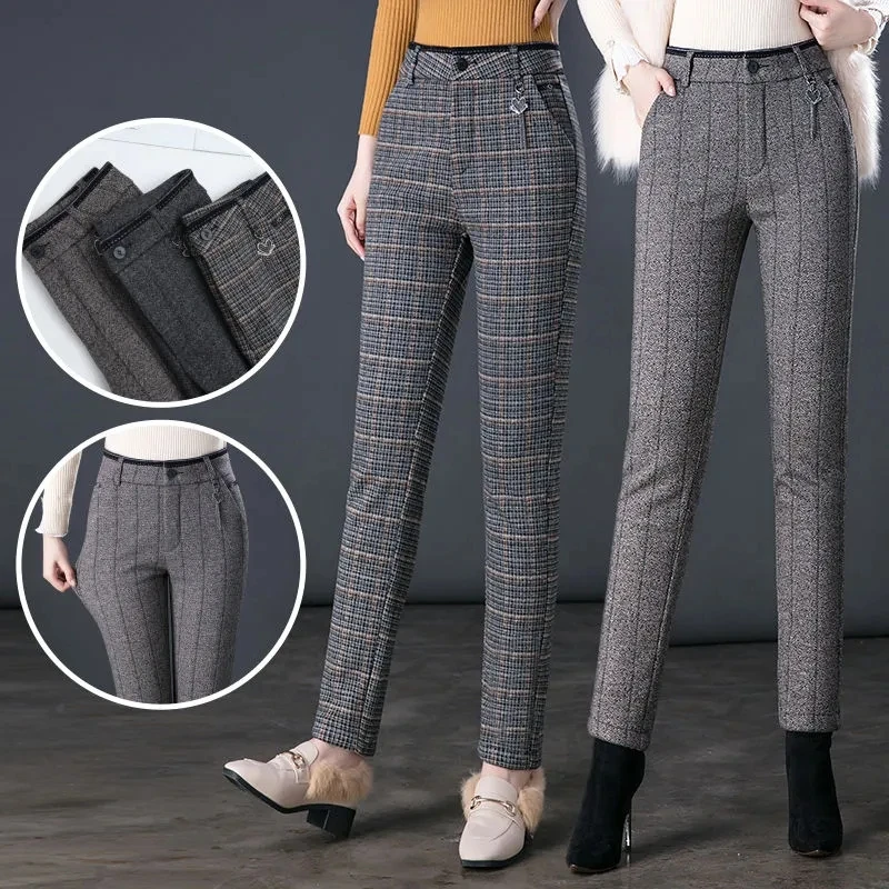 秋の女性のズボンの新ファッションチェック柄ハイウエストウールパンツ女性の冬のベルベットカジュアルパンツ中年母パンツ