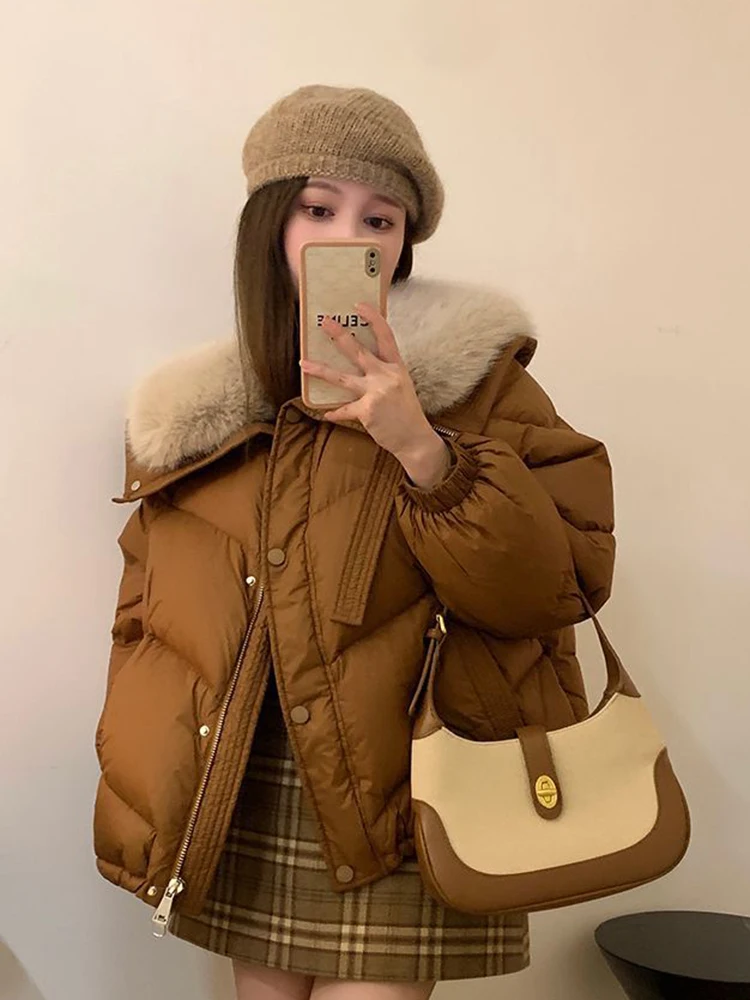 

Американские винтажные парки Y2K, женские свободные пышные пальто с капюшоном из искусственной лисы, теплая зимняя толстая женская дизайнерская куртка с длинными рукавами и карманами