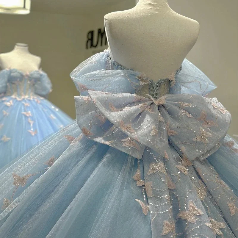 Requintado céu azul princesa quinceanera vestidos com arco borboleta apliques rendas espartilho doce 16 vestido de 15 anos