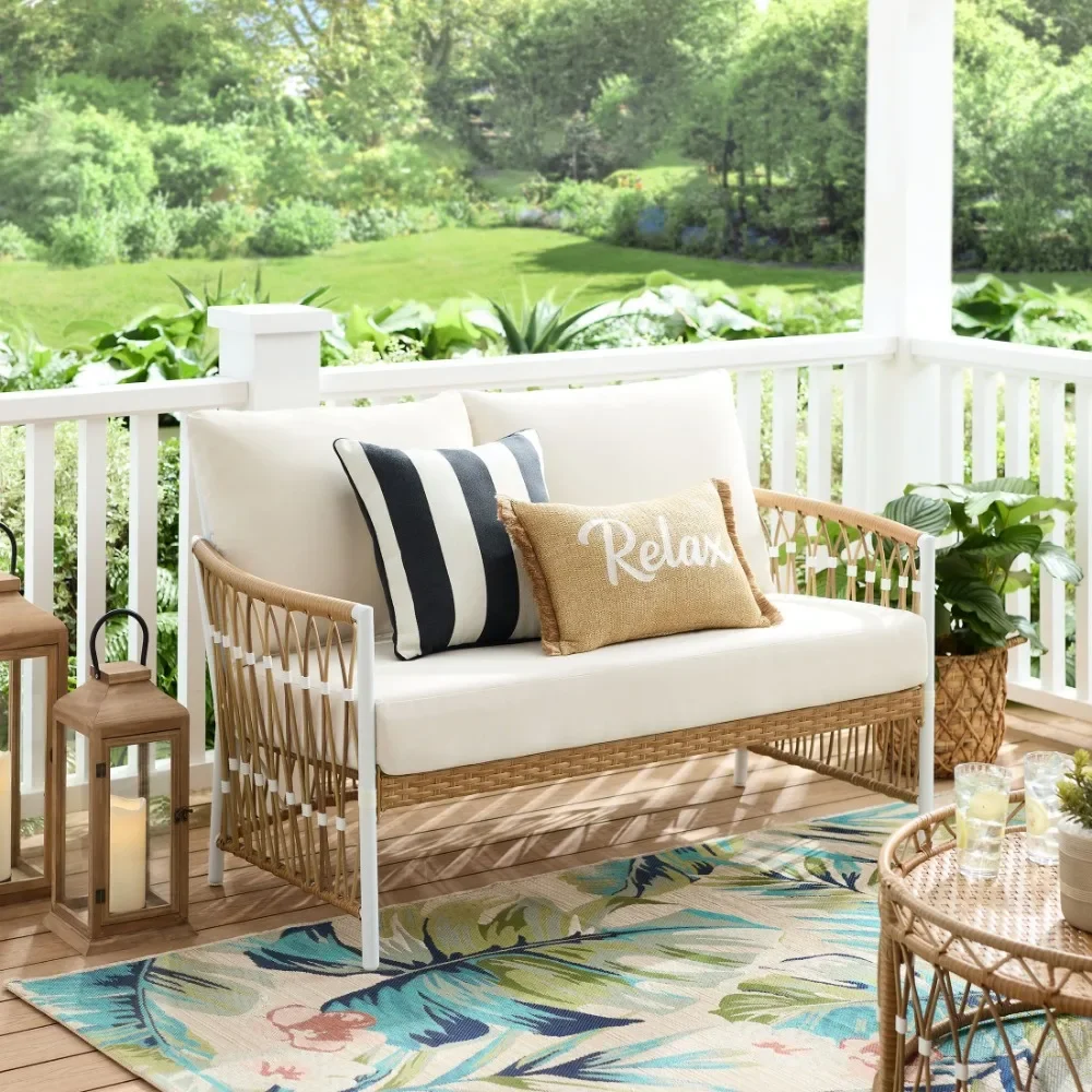 

Outdoor Wicker Loveseat,Seats to two people,Polyurethane foam pad,Reversible seat and back cushions with ties,outdoor furniture