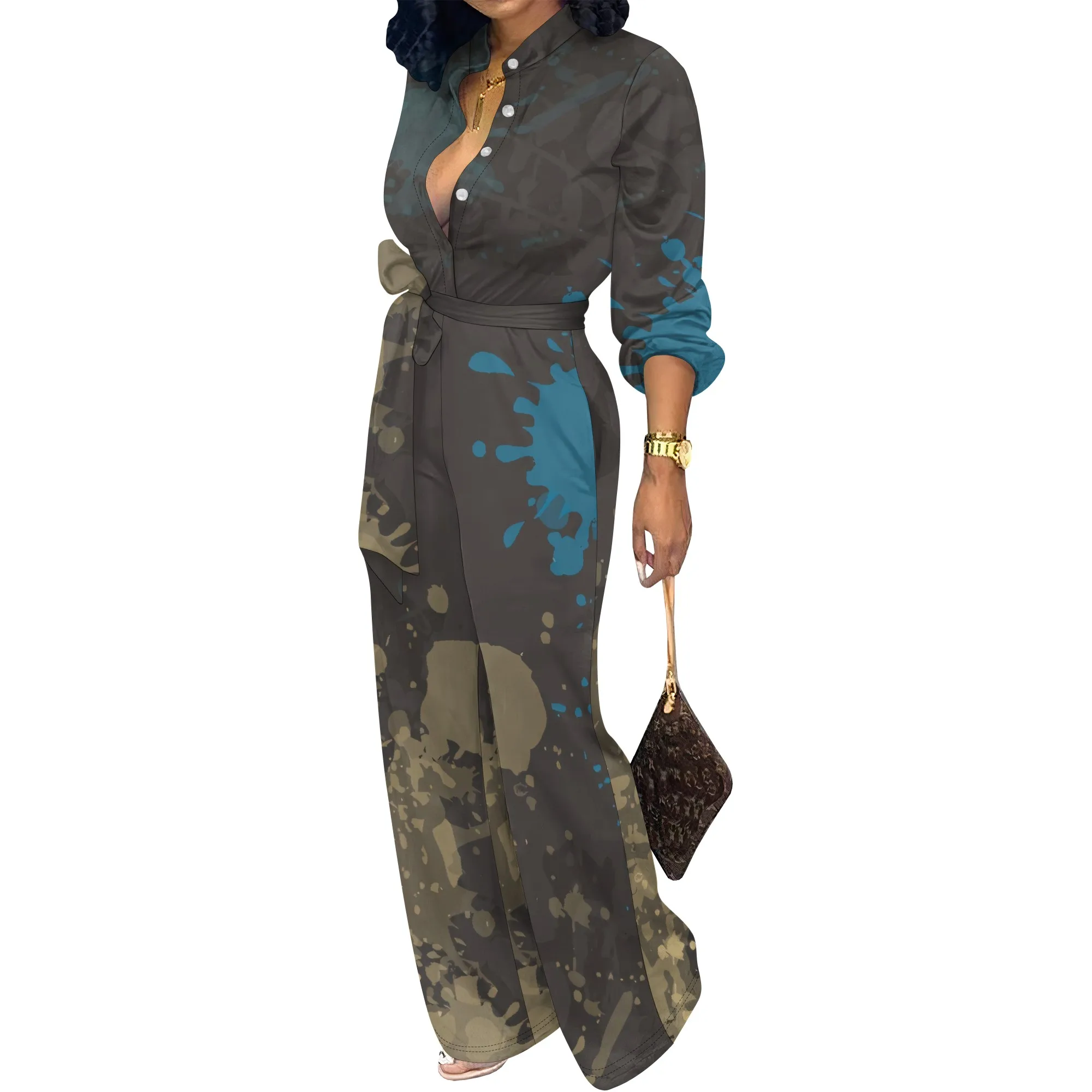 Women’s Long Sleeve Jumpsuit Artistic Paint Print V Neck Belted One Piece Romper Casual Daily Wear