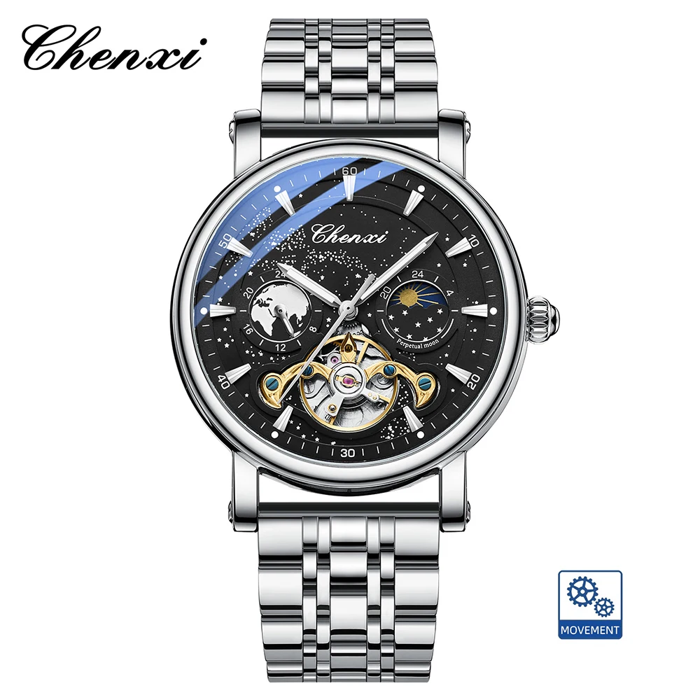 CHENXI Skeleton Tourbillon mechanische Uhren für Herren, vollautomatische leuchtende Mondphase-Chronograph-Herrenuhr 6