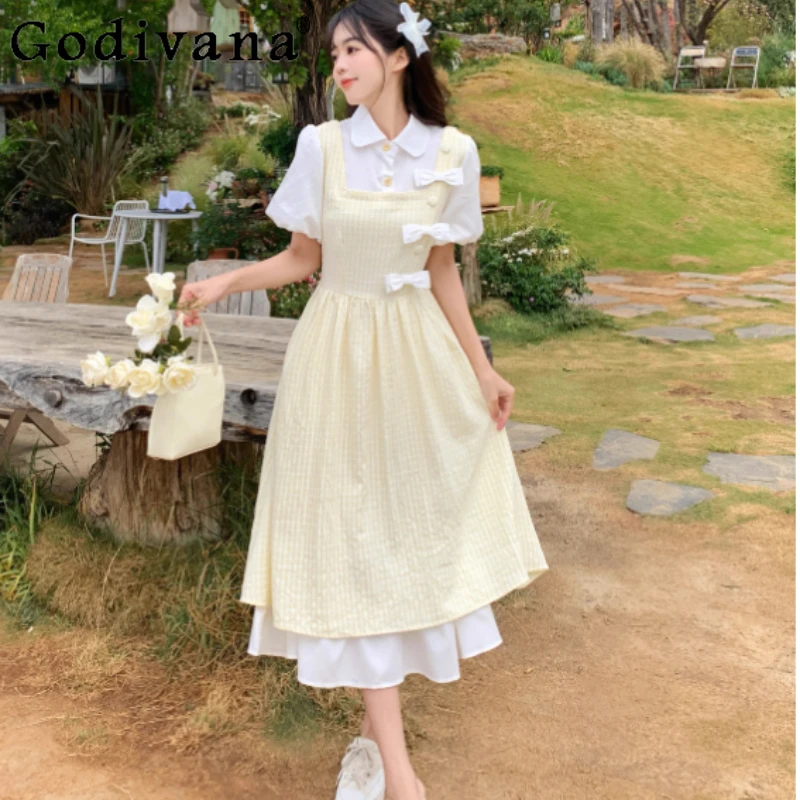Tamanho grande suave menina verão emenda faculdade vestidos xadrez japonês falso de duas peças reduzindo a idade doce lolita moda vestido