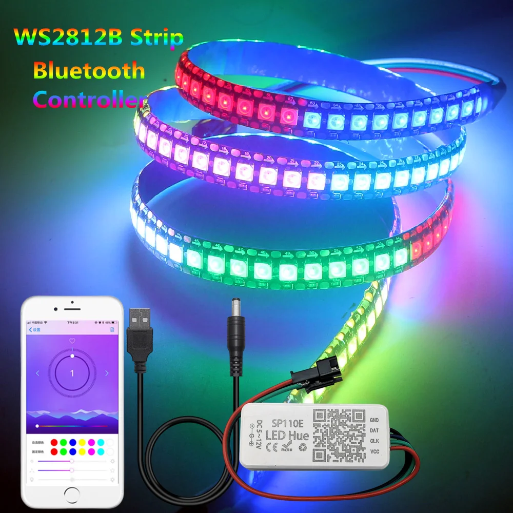 

WS2812B умная RGB Светодиодная лента WS2812 индивидуально Адресуемая Светодиодная лампа с SP110E умным Bluetooth контроллером 30/60/144 светодиодов 5 в постоянного тока