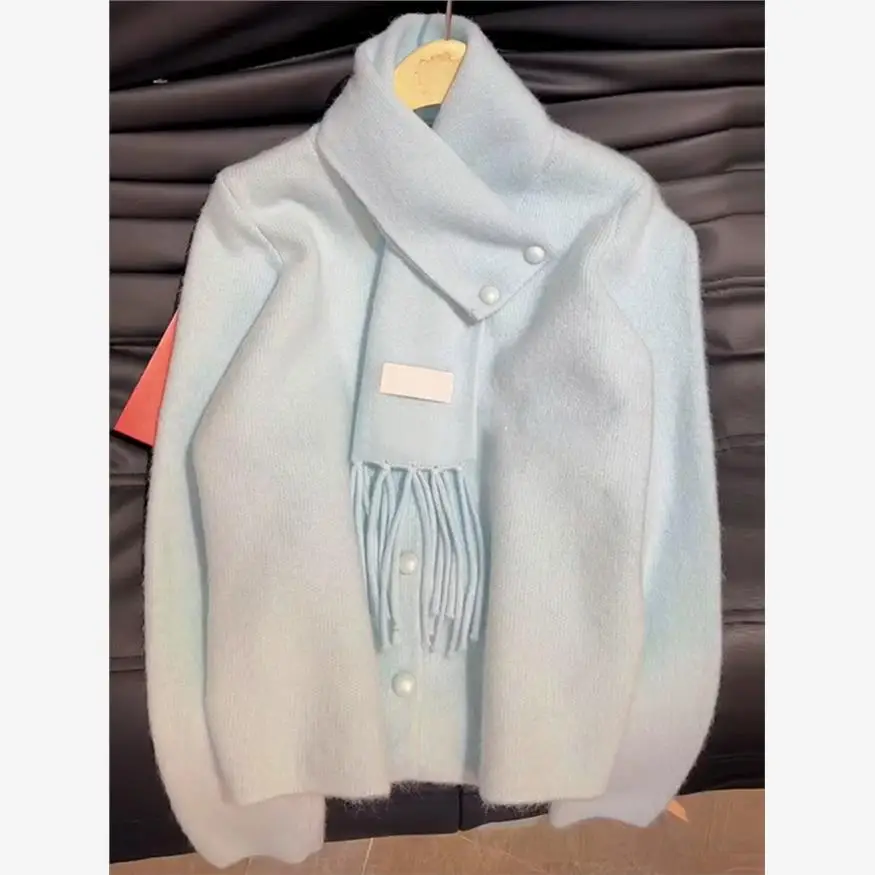 

Soft And Lazy Sle Blue High Collar Knitted Scarf Women's Spring Autumn Korean High End Thiened Inner Knitted Top