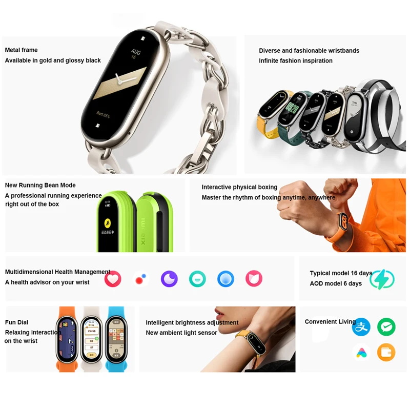 Globalna wersja Xiaomi Mi Band 8 inteligentna bransoletka Bluetooth 5.1 poziom tlenu we krwi Traker do monitorowania tętna 150 + tryby sportowe