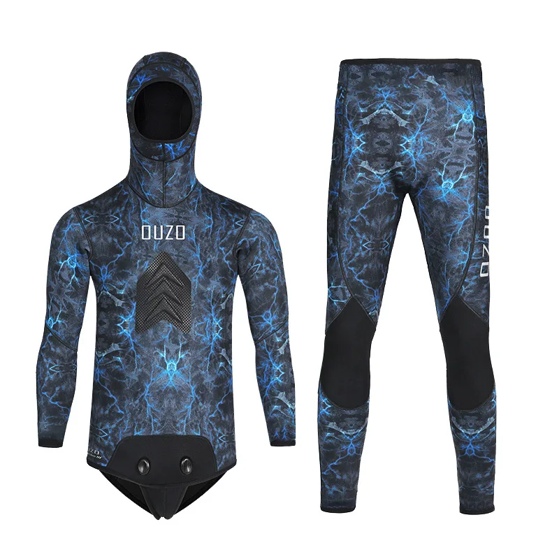 3.5MM Neoprene Spearfishing Wetsuit with Hooded, 2 Pieces Camouflage Hunting Diving Suit for Cool Water Freediving Snorkeling