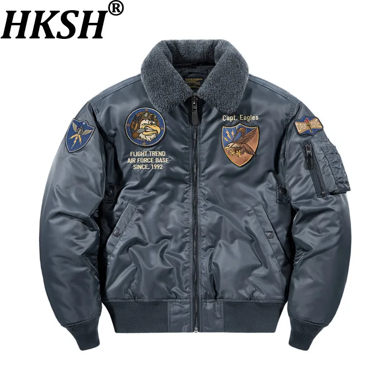 HKSH Autumn Winter New Men American Vintage Embroidery Flight Jacket Thickened Casual Detachable Fur Collar padded Coats HK16617