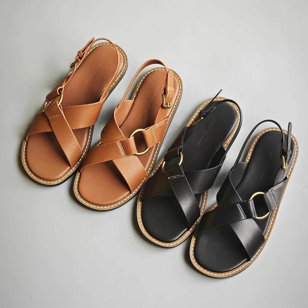 Mrxmus Retro Roman Designer Sandals Female 2024 New In Solid Color Leather Sandalias Cross Strap Design Fashion Flat Sandals