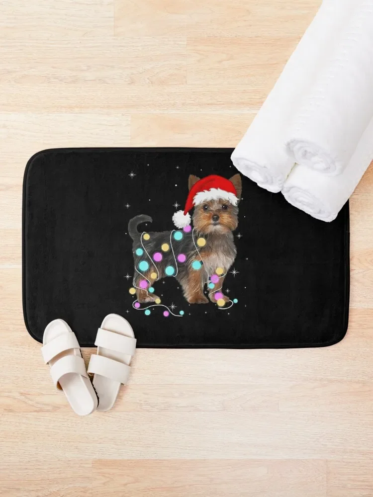 Cute Yorkshire Terrier Santa Hat Christmas Light Bath Mat Entrance Door Floors Mat