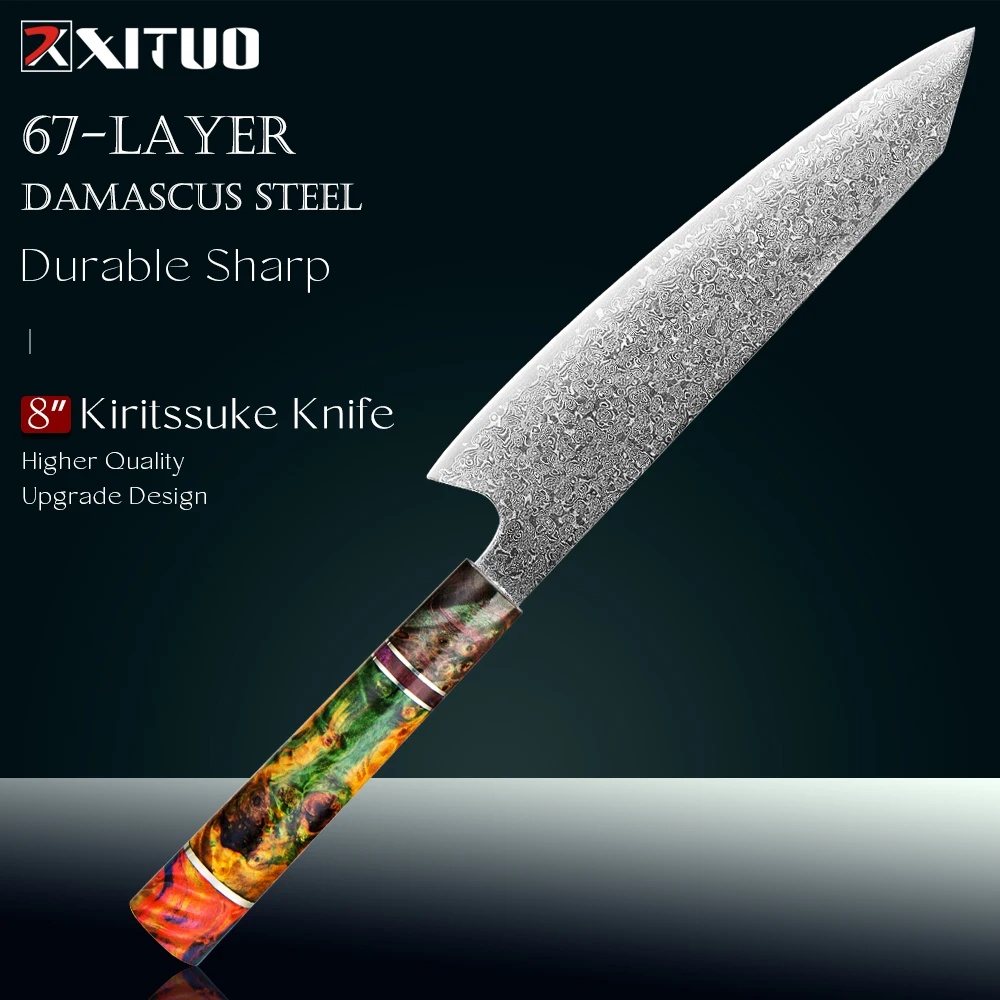 Damascus Kiritsuke Chef Knife 8 inch Damascus VG-10 Super Steel 67-Layer Sharp Kitchen Knife Sliced meat sashimi Stabilised wood