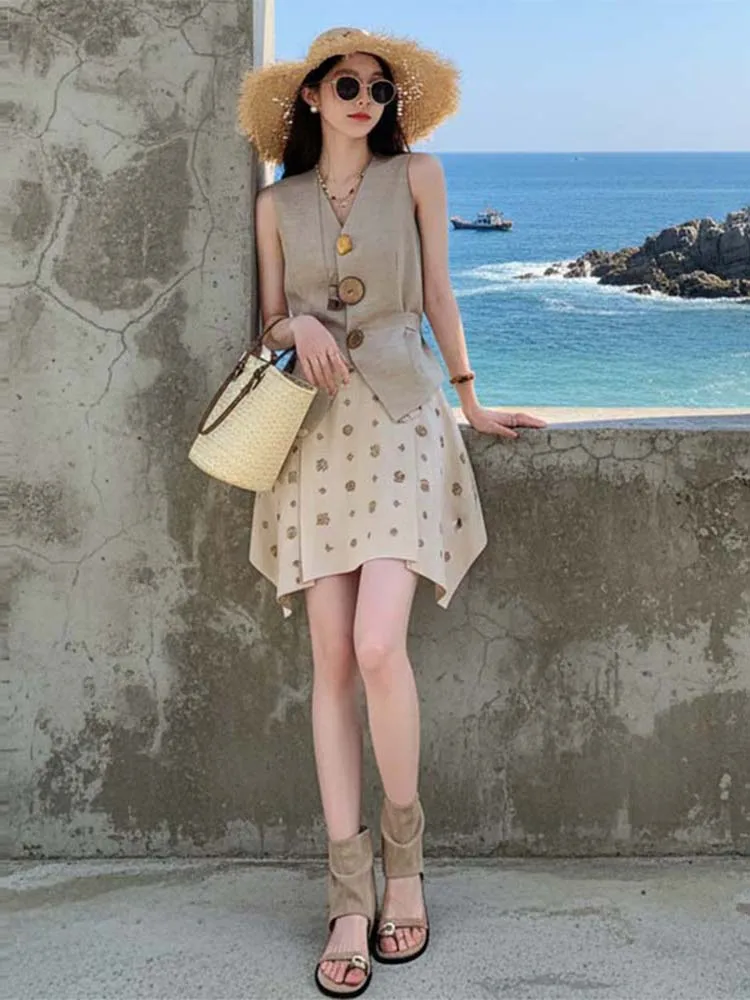 

Casual V-neck Checkered A-line Skirt And Vest Two-Piece Set Women's Fashion Slimming Summer Outfit High Waist Breathable