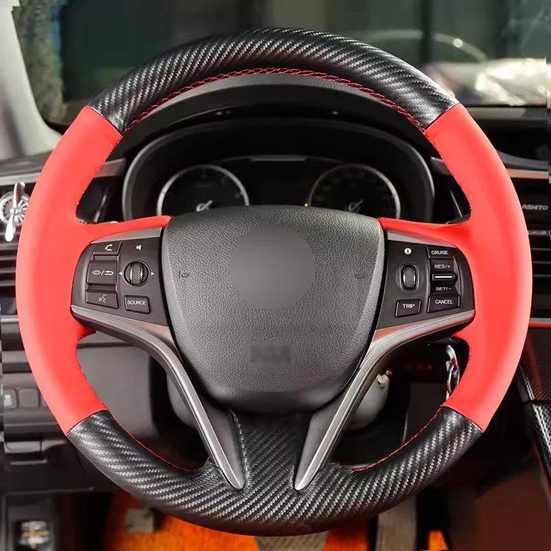 Matt Carbon Fiber with Smooth Red Leather Steering Wheel Cover Full Wrap Car Accessoires for Honda UR-V Avancier SUV 2014-2017