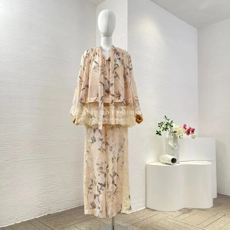 

Ramie 2025, новая высококачественная женская бежевая кружевная блузка с цветочным принтом в стиле пэчворк, топ и брюки с длинными рукавами, комплект одежды
