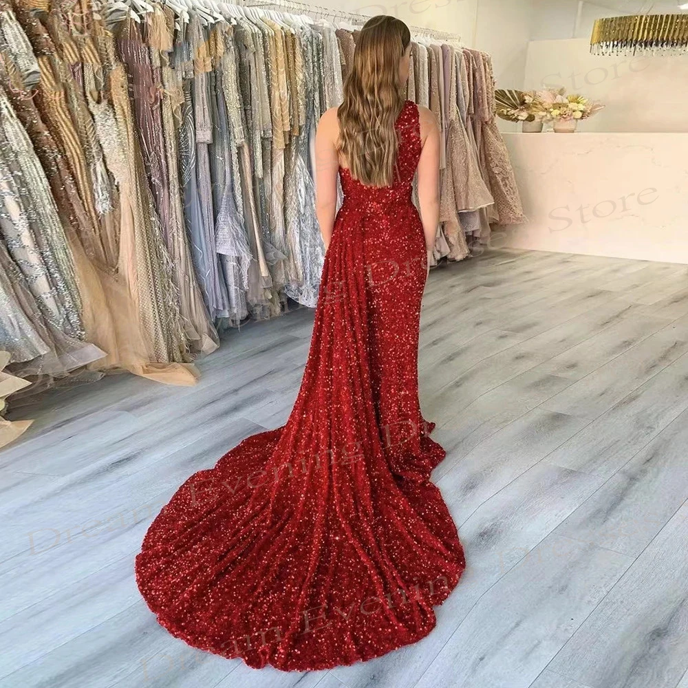 Vestidos De Noche exquisitos De sirena roja encantadores con lentejuelas brillantes, Vestidos De graduación sexys De un hombro, Vestidos De fiesta con abertura lateral