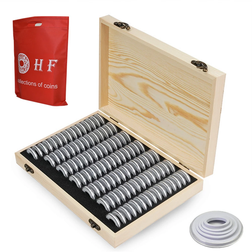 100PCS Coins Storage Box Adjustable Antioxidative Woode Commemorative Coin Collection Case with Adjustment Pad