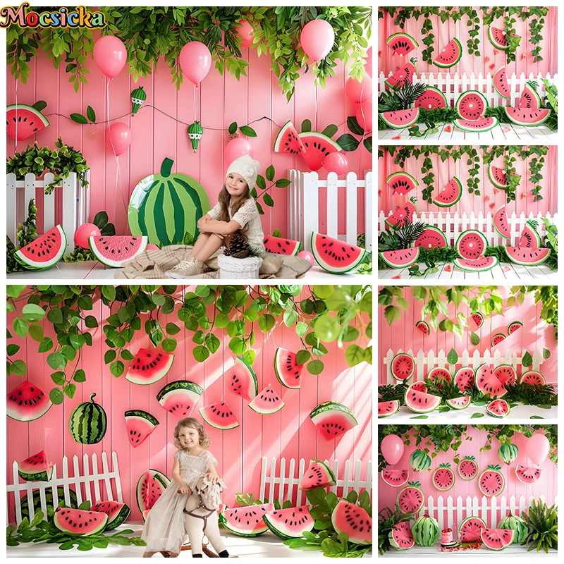 

Fruit Watermelon Photography Backdrop Pink Wall Green Leave Baby Summer Background Props Birthday Party Decorations Photo Studio