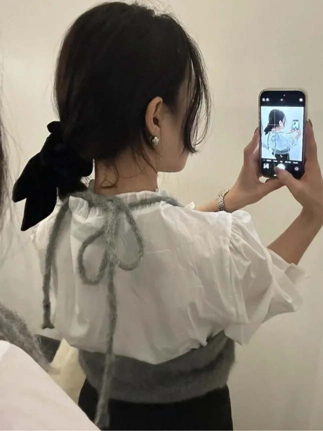Korean Style Gentle Chic Wooden  Pleated Shirt Women's Design Sensation Flared Sleeve White Top Spring Autumn Winter