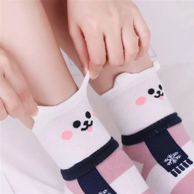 

L38E 5 Pairs Women 3D Ears Cartoon Animal Dog Rabbit Bear Striped Socks Gift