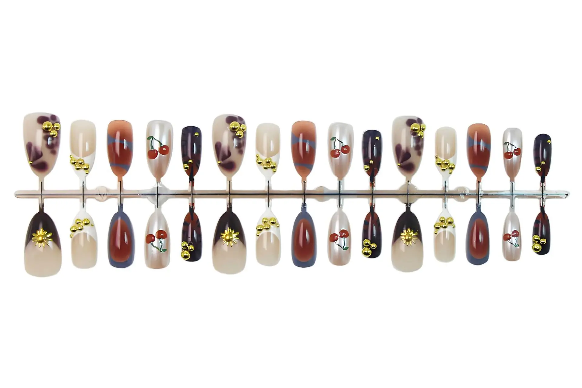 24개입 3D 체리 아몬드 가짜 손톱 팁 가을 겨울 앰버 프렌치 인조 손톱 접착제 포함 골든 다이아몬드 프레스온 네일 풀커버