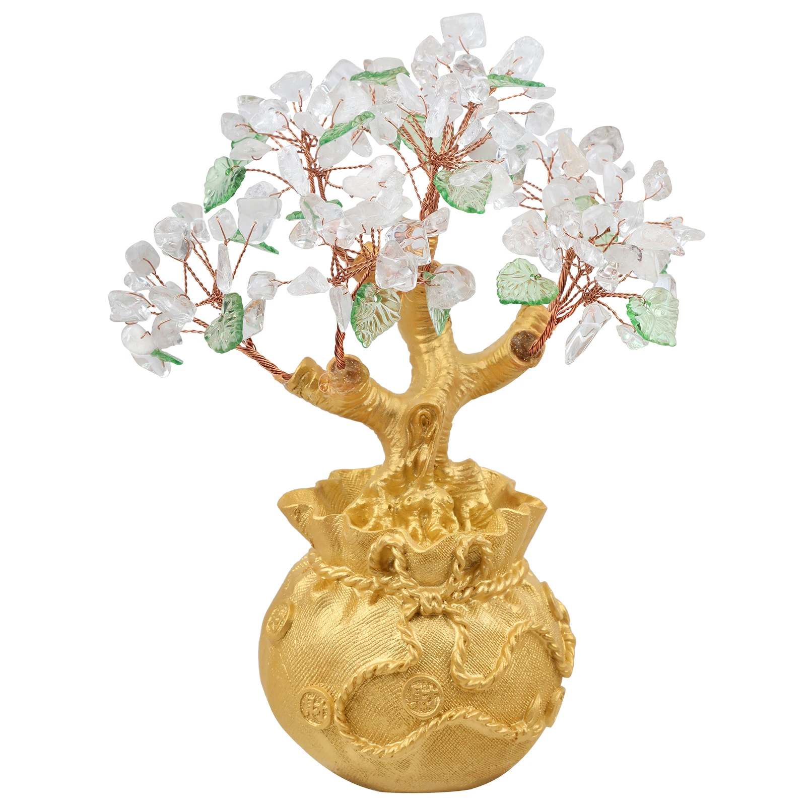 TUMBEELLUWA Lucky Money Tree Gold Color Moneybag Base Natural Crystal Gravel Minerals Bonsai Style Feng Shui Wealth Ornaments