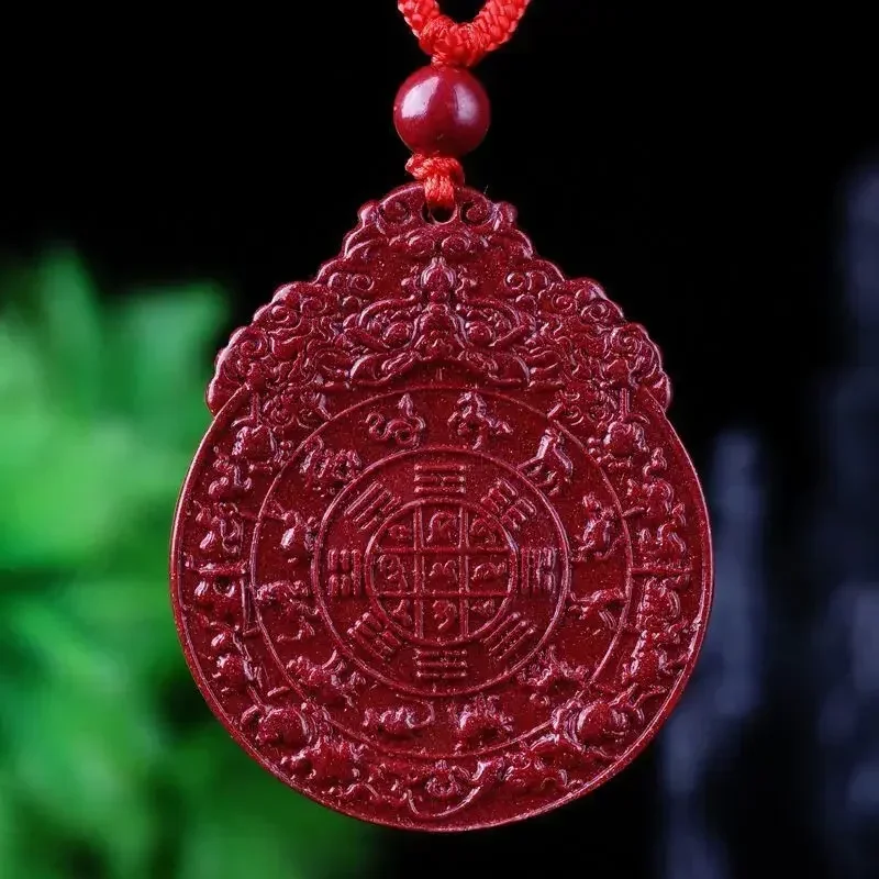 Handmade Cinnabar Buddhist scriptures Zodiac Five Elements Nine Palaces Eight Trigrams Pendant Ethnic style Cinnabar Pendant