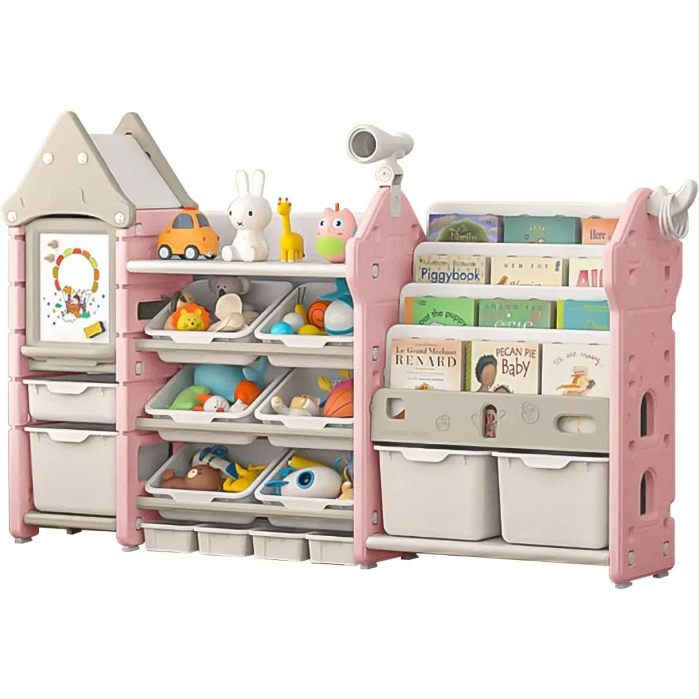 

UNICOO - Kids Toy Storage Organizer and Children Bookshelf, with 14 Bins, Pull-Out Drawers Multipurpose Shelf for Toddlers