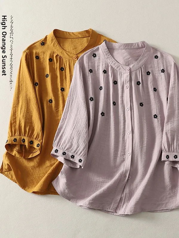 

Корейская и японская высококачественная вышитая свободная рубашка для женщин: художественная, омолаживающая, с рукавом до локтя, в повседневном стиле, дышащий топ