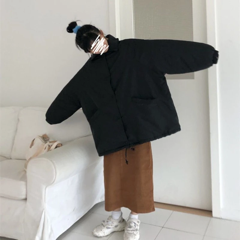 Solid Simple Parkas for Women Warm Leisure Loose Winter Coat Pig Pocket Student Female Top Young Causal Jacket  Harajjuku