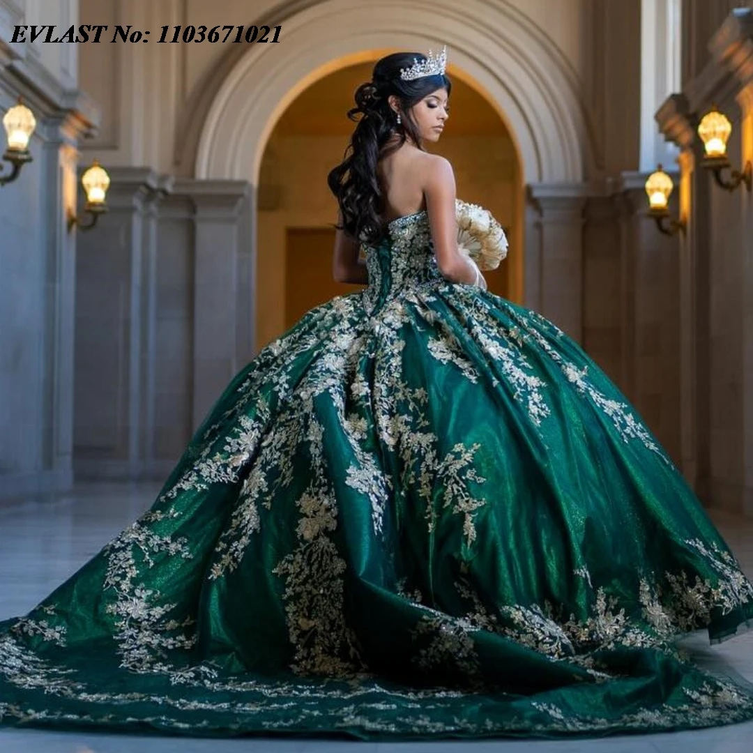 EVLAST Customized Emerald Green Ball Gown Quinceanera Dress Gold Lace Lace Applique Beads Corset Sweet 16 Vestidos De Anos SQ390