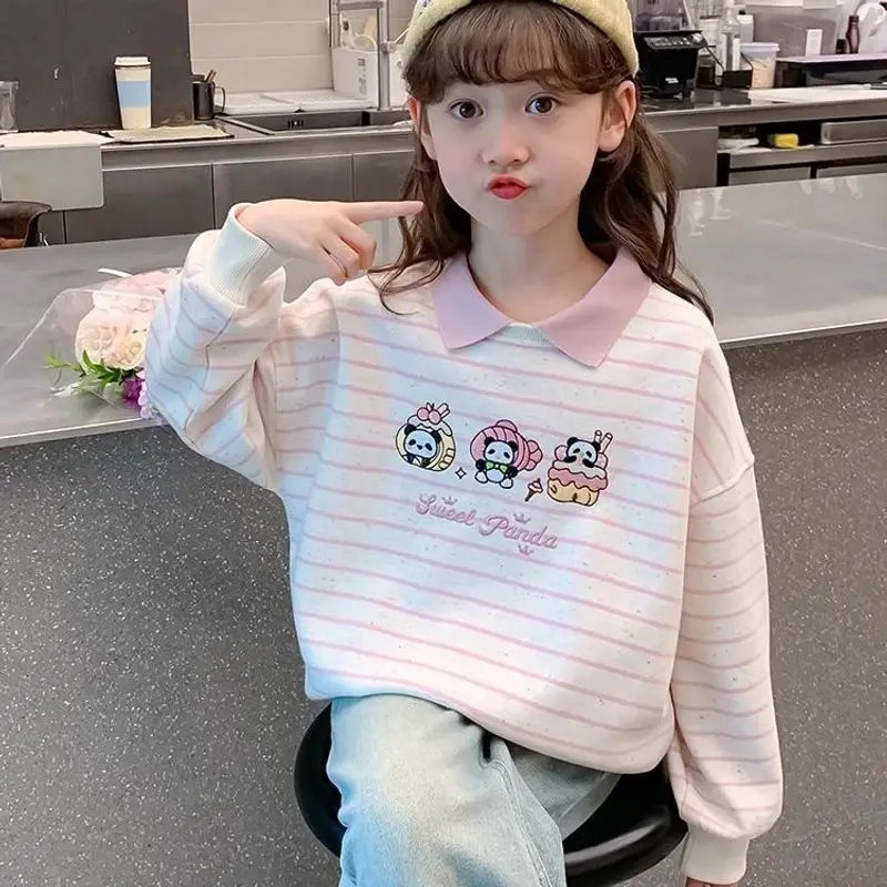 

Girls' 2025 New Spring/Autumn Long Sleeve Striped Cartoon Crewneck Sweatshirt for Kids