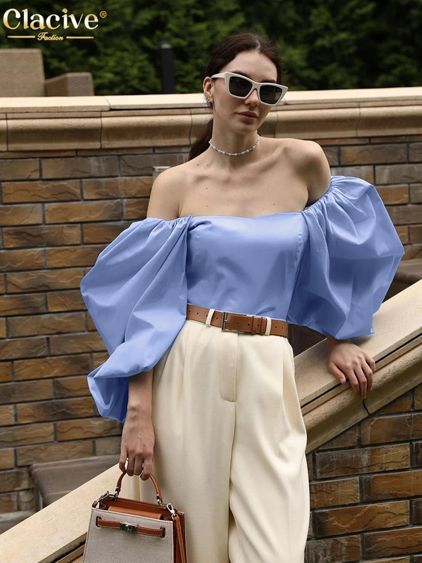 Clacive Fashion Loose Blue Women\'s Shirt 2025 Elegant Square Collar Puff Sleeve Shirts Casual Classic Solid Top Female Clothing